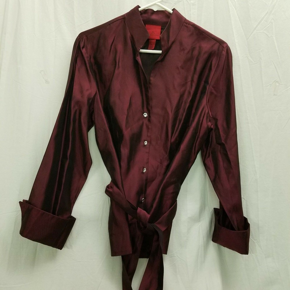 JS Collections shiny maroon satin blouse w Rhinestone Buttons women sz 12